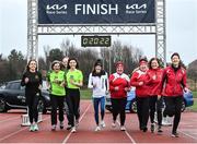 9 February 2022; Irish Olympic athlete Fionnuala McCormack, centre, with runners, from left, Pearse Fahy, Teresa Ennis, Maggie Higgins, Sarah Clarke, Melissa Murphy, Jojo Nolan, Ursula O'Malley and Lucy Dunne during the 2022 Kia Race Series launch at Leixlip AC in Leixlip, Kildare. This year’s series sees the introduction of an exciting new team competition with a guaranteed prize pot of €15,000 added to a prize fund of €5,000 for the individual competition and €7,000 available for new course record bonuses this year’s Series prize pot totals €27,000. The Kia Race Series will start in March with the Streets of Portlaoise 5k. The Dunshaughlin 10k a firm favourite with runners is taking place in June. There is the introduction of a new race the Cork City 10 Mile in August, the first of the series to take place in Munster. To view more information about the prize structure, or to enter on-line go to https://www.popupraces.ie/kia-race-series-2022/. Photo by David Fitzgerald/Sportsfile