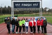 9 February 2022; Irish Olympic athlete Fionnuala McCormack, centre, with runners, from left, James Ledingham, Pearse Fahy, Teresa Ennis, Maggie Higgins, Sarah Clarke, Melissa Murphy, Jojo Nolan, Ursula O'Malley, Lucy Dunne and John Maye during the 2022 Kia Race Series launch at Leixlip AC in Leixlip, Kildare. This year’s series sees the introduction of an exciting new team competition with a guaranteed prize pot of €15,000 added to a prize fund of €5,000 for the individual competition and €7,000 available for new course record bonuses this year’s Series prize pot totals €27,000. The Kia Race Series will start in March with the Streets of Portlaoise 5k. The Dunshaughlin 10k a firm favourite with runners is taking place in June. There is the introduction of a new race the Cork City 10 Mile in August, the first of the series to take place in Munster. To view more information about the prize structure, or to enter on-line go to https://www.popupraces.ie/kia-race-series-2022/. Photo by David Fitzgerald/Sportsfile
