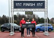 9 February 2022; Irish Olympic athlete Fionnuala McCormack with members of Portlaoise AC Lucy Dunne, left, and Ursula O'Malley during the 2022 Kia Race Series launch at Leixlip AC in Leixlip, Kildare. This year’s series sees the introduction of an exciting new team competition with a guaranteed prize pot of €15,000 added to a prize fund of €5,000 for the individual competition and €7,000 available for new course record bonuses this year’s Series prize pot totals €27,000. The Kia Race Series will start in March with the Streets of Portlaoise 5k. The Dunshaughlin 10k a firm favourite with runners is taking place in June. There is the introduction of a new race the Cork City 10 Mile in August, the first of the series to take place in Munster. To view more information about the prize structure, or to enter on-line go to https://www.popupraces.ie/kia-race-series-2022/. Photo by David Fitzgerald/Sportsfile