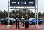 9 February 2022; Irish Olympic athlete Fionnuala McCormack with members of Kilkenny AC James Ledingham, left, and John Maye during the 2022 Kia Race Series launch at Leixlip AC in Leixlip, Kildare. This year’s series sees the introduction of an exciting new team competition with a guaranteed prize pot of €15,000 added to a prize fund of €5,000 for the individual competition and €7,000 available for new course record bonuses this year’s Series prize pot totals €27,000. The Kia Race Series will start in March with the Streets of Portlaoise 5k. The Dunshaughlin 10k a firm favourite with runners is taking place in June. There is the introduction of a new race the Cork City 10 Mile in August, the first of the series to take place in Munster. To view more information about the prize structure, or to enter on-line go to https://www.popupraces.ie/kia-race-series-2022/. Photo by David Fitzgerald/Sportsfile