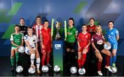 9 February 2022; SSE Airtricity Women's National League players, from left, Danielle Burke of Cork City, Kylie Murphy of Wexford Youths Women, Laurie Ryan of Athlone Town AFC, Jesse Mendez of Treaty United , Pearl Slattery of Shelbourne, Tiegan Ruddy of Peamount United, Emma Hansberry of Sligo Rovers, Sinead Taylor of Bohemians, Julie Ann Russell of Galway Women and Rachel Doyle of DLR Waves at the launch of the SSE Airtricity Premier & First Division and Women's National League 2022 season held at at HBV Studios in Clarehall, Dublin. Photo by Stephen McCarthy/Sportsfile