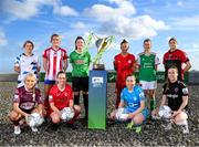 9 February 2022; SSE Airtricity Women's National League players, front row, from left, Julie Ann Russell of Galway Women, Emma Hansberry of Sligo Rovers, Rachel Doyle of DLR Waves, Kylie Murphy of Wexford Youths Women, with, front row, Laurie Ryan of Athlone Town AFC, Jesse Mendez of Treaty United , Tiegan Ruddy of Peamount United, Pearl Slattery of Shelbourne, Danielle Burke of Cork City and Sinead Taylor of Bohemians at the launch of the SSE Airtricity Premier & First Division and Women's National League 2022 season held at at HBV Studios in Clarehall, Dublin. Photo by Stephen McCarthy/Sportsfile