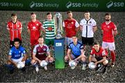 9 February 2022; SSE Airtricity League Premier Division players, front row, from left, Bastien Hery of Finn Harps, Dane Massey of Drogheda United, Jack Keaney of UCD and Sinead Taylor of Bohemians, with, back row, Ronan Boyce of Derry City, Luke Byrne of Shelbourne, Ronan Finn of Shamrock Rovers, Paddy Barrett of St Patrick's Athletic, Brian Gartland of Dundalk and Greg Bolger of Sligo Rovers at the launch of the SSE Airtricity Premier & First Division and Women's National League 2022 season held at at HBV Studios in Clarehall, Dublin. Photo by Stephen McCarthy/Sportsfile