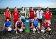 9 February 2022; SSE Airtricity League Premier Division players, front row, from left, Bastien Hery of Finn Harps, Dane Massey of Drogheda United, Jack Keaney of UCD and Sinead Taylor of Bohemians, with, back row, Ronan Boyce of Derry City, Luke Byrne of Shelbourne, Ronan Finn of Shamrock Rovers, Paddy Barrett of St Patrick's Athletic, Brian Gartland of Dundalk and Greg Bolger of Sligo Rovers at the launch of the SSE Airtricity Premier & First Division and Women's National League 2022 season held at at HBV Studios in Clarehall, Dublin. Photo by Stephen McCarthy/Sportsfile