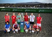 9 February 2022; SSE Airtricity League Premier Division players, front row, from left, Bastien Hery of Finn Harps, Dane Massey of Drogheda United, Jack Keaney of UCD and Sinead Taylor of Bohemians, with, back row, Ronan Boyce of Derry City, Luke Byrne of Shelbourne, Ronan Finn of Shamrock Rovers, Paddy Barrett of St Patrick's Athletic, Brian Gartland of Dundalk and Greg Bolger of Sligo Rovers at the launch of the SSE Airtricity Premier & First Division and Women's National League 2022 season held at at HBV Studios in Clarehall, Dublin. Photo by Stephen McCarthy/Sportsfile