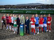 9 February 2022; David Manning, Director of Customer Marketing, SSE Airtricity, left, and Mark Scanlon, League of Ireland director, with SSE Airtricity League Premier Division players, from left, Tyreke Wilson of Bohemians, Dane Massey of Drogheda United, Ronan Boyce of Derry City, Brian Gartland of Dundalk, Ronan Finn of Shamrock Rovers, Paddy Barrett of St Patrick's Athletic, Jack Keaney of UCD, Greg Bolger of Sligo Rovers, Bastien Hery of Finn Harps and Luke Byrne of Shelbourne at the launch of the SSE Airtricity Premier & First Division and Women's National League 2022 season held at at HBV Studios in Clarehall, Dublin. Photo by Stephen McCarthy/Sportsfile