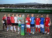 9 February 2022; SSE Airtricity League Premier Division players, from left, Tyreke Wilson of Bohemians, Dane Massey of Drogheda United, Ronan Boyce of Derry City, Brian Gartland of Dundalk, Ronan Finn of Shamrock Rovers, Paddy Barrett of St Patrick's Athletic, Jack Keaney of UCD, Greg Bolger of Sligo Rovers, Bastien Hery of Finn Harps and Luke Byrne of Shelbourne at the launch of the SSE Airtricity Premier & First Division and Women's National League 2022 season held at at HBV Studios in Clarehall, Dublin. Photo by Stephen McCarthy/Sportsfile
