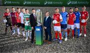 9 February 2022; David Manning, Director of Customer Marketing, SSE Airtricity, left, and Mark Scanlon, League of Ireland director, with SSE Airtricity League Premier Division players, from left, Tyreke Wilson of Bohemians, Dane Massey of Drogheda United, Ronan Boyce of Derry City, Brian Gartland of Dundalk, Ronan Finn of Shamrock Rovers, Paddy Barrett of St Patrick's Athletic, Jack Keaney of UCD, Greg Bolger of Sligo Rovers, Bastien Hery of Finn Harps and Luke Byrne of Shelbourne at the launch of the SSE Airtricity Premier & First Division and Women's National League 2022 season held at at HBV Studios in Clarehall, Dublin. Photo by Stephen McCarthy/Sportsfile