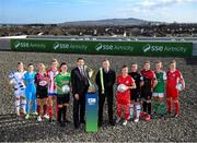 9 February 2022; David Manning, Director of Customer Marketing, SSE Airtricity, left, and FAI chief executive Jonathan Hill, with SSE Airtricity Women's National League players, from left, Laurie Ryan of Athlone Town AFC, Rachel Doyle of DLR Waves, Julie Ann Russell of Galway Women, Jesse Mendez of Treaty United, Tiegan Ruddy of Peamount United, Pearl Slattery of Shelbourne, Kylie Murphy of Wexford Youths Women, Sinead Taylor of Bohemians, Danielle Burke of Cork City, Emma Hansberry of Sligo Rovers at the launch of the SSE Airtricity Premier & First Division and Women's National League 2022 season held at at HBV Studios in Clarehall, Dublin. Photo by Stephen McCarthy/Sportsfile