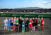 9 February 2022; David Manning, Director of Customer Marketing, SSE Airtricity, left, and Mark Scanlon, League of Ireland director, with SSE Airtricity Women's National League players, from left, Laurie Ryan of Athlone Town AFC, Rachel Doyle of DLR Waves, Julie Ann Russell of Galway Women, Jesse Mendez of Treaty United, Tiegan Ruddy of Peamount United, Pearl Slattery of Shelbourne, Kylie Murphy of Wexford Youths Women, Sinead Taylor of Bohemians, Danielle Burke of Cork City, Emma Hansberry of Sligo Rovers at the launch of the SSE Airtricity Premier & First Division and Women's National League 2022 season held at at HBV Studios in Clarehall, Dublin. Photo by Stephen McCarthy/Sportsfile