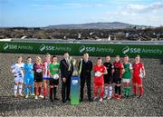 9 February 2022; David Manning, Director of Customer Marketing, SSE Airtricity, left, and FAI chief executive Jonathan Hill, with SSE Airtricity Women's National League players, from left, Laurie Ryan of Athlone Town AFC, Rachel Doyle of DLR Waves, Julie Ann Russell of Galway Women, Jesse Mendez of Treaty United, Tiegan Ruddy of Peamount United, Pearl Slattery of Shelbourne, Kylie Murphy of Wexford Youths Women, Sinead Taylor of Bohemians, Danielle Burke of Cork City, Emma Hansberry of Sligo Rovers at the launch of the SSE Airtricity Premier & First Division and Women's National League 2022 season held at at HBV Studios in Clarehall, Dublin. Photo by Stephen McCarthy/Sportsfile