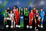 9 February 2022; SSE Airtricity Women's National League players, form left, Danielle Burke of Cork City, Kylie Murphy of Wexford Youths Women, Laurie Ryan of Athlone Town AFC, Jesse Mendez of Treaty United, Pearl Slattery of Shelbourne, Tiegan Ruddy of Peamount United, Emma Hansberry of Sligo Rovers, Sinead Taylor of Bohemians, Julie Ann Russell of Galway Women and Rachel Doyle of DLR Waves at the launch of the SSE Airtricity Premier & First Division and Women's National League 2022 season held at at HBV Studios in Clarehall, Dublin. Photo by Stephen McCarthy/Sportsfile