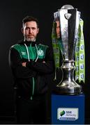 9 February 2022; Shamrock Rovers manager Stephen Bradley with the SSE Airtricity League Premier Division trophy at the launch of the SSE Airtricity Premier & First Division and Women's National League 2022 season held at at HBV Studios in Clarehall, Dublin. Photo by Harry Murphy/Sportsfile