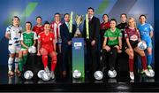 9 February 2022; David Manning, Director of Customer Marketing, SSE Airtricity, right, and Mark Scanlon, League of Ireland director, with SSE Airtricity Women's National League players, from left, Laurie Ryan of Athlone Town AFC, Danielle Burke of Cork City, Emma Hansberry of Sligo Rovers, Pearl Slattery of Shelbourne, Jesse Mendez of Treaty United, Sinead Taylor of Bohemians, Tiegan Ruddy of Peamount United, Kylie Murphy of Wexford Youths Women, Julie Ann Russell of Galway Women and Rachel Doyle of DLR Waves at the launch of the SSE Airtricity Premier & First Division and Women's National League 2022 season held at at HBV Studios in Clarehall, Dublin. Photo by Stephen McCarthy/Sportsfile