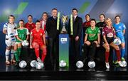 9 February 2022; David Manning, Director of Customer Marketing, SSE Airtricity, right, and FAI chief executive Jonathan Hill, with SSE Airtricity Women's National League players, from left, Laurie Ryan of Athlone Town AFC, Danielle Burke of Cork City, Emma Hansberry of Sligo Rovers, Pearl Slattery of Shelbourne, Jesse Mendez of Treaty United, Sinead Taylor of Bohemians, Tiegan Ruddy of Peamount United, Kylie Murphy of Wexford Youths Women, Julie Ann Russell of Galway Women and Rachel Doyle of DLR Waves at the launch of the SSE Airtricity Premier & First Division and Women's National League 2022 season held at at HBV Studios in Clarehall, Dublin. Photo by Stephen McCarthy/Sportsfile