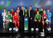 9 February 2022; David Manning, Director of Customer Marketing, SSE Airtricity, right, and FAI chief executive Jonathan Hill, with SSE Airtricity Women's National League players, form left, Laurie Ryan of Athlone Town AFC, Danielle Burke of Cork City, Emma Hansberry of Sligo Rovers, Pearl Slattery of Shelbourne, Jesse Mendez of Treaty United, Sinead Taylor of Bohemians, Tiegan Ruddy of Peamount United, Kylie Murphy of Wexford Youths Women, Julie Ann Russell of Galway Women and Rachel Doyle of DLR Waves at the launch of the SSE Airtricity Premier & First Division and Women's National League 2022 season held at at HBV Studios in Clarehall, Dublin. Photo by Stephen McCarthy/Sportsfile