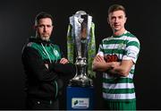 9 February 2022; Shamrock Rovers manager Stephen Bradley and Ronan Finn of Shamrock Rovers with the SSE Airtricity League Premier Division trophy at the launch of the SSE Airtricity Premier & First Division and Women's National League 2022 season held at at HBV Studios in Clarehall, Dublin. Photo by Harry Murphy/Sportsfile