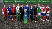 9 February 2022; David Manning, Director of Customer Marketing, SSE Airtricity, left, and Mark Scanlon, League of Ireland director, with SSE Airtricity League First Division players, from left, Conor McCormack of Galway United, Derek Daly of Athlone Town, Sam Verdon of Longford Town, Hugh Douglas of Bray Wanderers, Eddie Nolan of Waterford, Joe Manley of Wexford FC, Cian Coleman of Cork City, Jack Brady of Treaty United and Beineon Whitmarsh O’Brien of Cobh Ramblers at the launch of the SSE Airtricity Premier & First Division and Women's National League 2022 season held at at HBV Studios in Clarehall, Dublin. Photo by Stephen McCarthy/Sportsfile