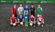 9 February 2022; SSE Airtricity League First Division players, front row, from left, Conor McCormack of Galway United, Derek Daly of Athlone Town, Beineon Whitmarsh O’Brien of Cobh Ramblers and Jack Brady of Treaty United, with, back row, Sam Verdon of Longford Town, Hugh Douglas of Bray Wanderers, Eddie Nolan of Waterford, Joe Manley of Wexford FC and Cian Coleman of Cork City at the launch of the SSE Airtricity Premier & First Division and Women's National League 2022 season held at at HBV Studios in Clarehall, Dublin. Photo by Stephen McCarthy/Sportsfile