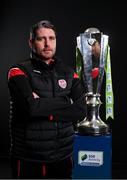 9 February 2022; Derry City manager Ruaidhri Higgins with the SSE Airtricity League Premier Division trophy at the launch of the SSE Airtricity Premier & First Division and Women's National League 2022 season held at at HBV Studios in Clarehall, Dublin. Photo by Harry Murphy/Sportsfile