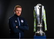 9 February 2022; Shelbourne manager Damien Duff with the SSE Airtricity League Premier Division trophy at the launch of the SSE Airtricity Premier & First Division and Women's National League 2022 season held at at HBV Studios in Clarehall, Dublin. Photo by Harry Murphy/Sportsfile