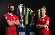 9 February 2022; Sligo Rovers players Greg Bolger and Emma Hansberry at the launch of the SSE Airtricity Premier & First Division and Women's National League 2022 season held at at HBV Studios in Clarehall, Dublin. Photo by Harry Murphy/Sportsfile