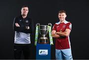 9 February 2022; Cobh Ramblers manager Darren Murphy and Beineon Whitmarsh O’Brien of Cobh Ramblers with the SSE Airtricity League First Division trophy at the launch of the SSE Airtricity Premier & First Division and Women's National League 2022 season held at HBV Studios in Clarehall, Dublin. Photo by Harry Murphy/Sportsfile