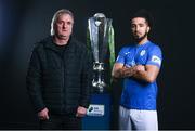9 February 2022; Finn Harps manager Ollie Horgan and Bastien Hery of Finn Harps with the SSE Airtricity League Premier Division trophy at the launch of the SSE Airtricity Premier & First Division and Women's National League 2022 season held at HBV Studios in Clarehall, Dublin. Photo by Harry Murphy/Sportsfile