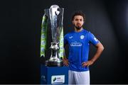 9 February 2022; Bastien Hery of Finn Harps with the SSE Airtricity League Premier Division trophy at the launch of the SSE Airtricity Premier & First Division and Women's National League 2022 season held at HBV Studios in Clarehall, Dublin. Photo by Harry Murphy/Sportsfile