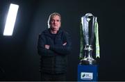 9 February 2022; Finn Harps manager Ollie Horgan with the SSE Airtricity League Premier Division trophy at the launch of the SSE Airtricity Premier & First Division and Women's National League 2022 season held at at HBV Studios in Clarehall, Dublin. Photo by Harry Murphy/Sportsfile