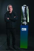 9 February 2022; Finn Harps manager Ollie Horgan with the SSE Airtricity League Premier Division trophy at the launch of the SSE Airtricity Premier & First Division and Women's National League 2022 season held at HBV Studios in Clarehall, Dublin. Photo by Harry Murphy/Sportsfile