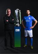 9 February 2022; Finn Harps manager Ollie Horgan and Bastien Hery of Finn Harps with the SSE Airtricity League Premier Division trophy at the launch of the SSE Airtricity Premier & First Division and Women's National League 2022 season held at HBV Studios in Clarehall, Dublin. Photo by Harry Murphy/Sportsfile