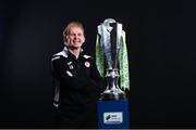 9 February 2022; Sligo Rovers manager Liam Buckley with the SSE Airtricity League Premier Division trophy at the launch of the SSE Airtricity Premier & First Division and Women's National League 2022 season held at HBV Studios in Clarehall, Dublin. Photo by Harry Murphy/Sportsfile