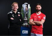 9 February 2022; Sligo Rovers manager Liam Buckley and Greg Bolger of Sligo Rovers with the SSE Airtricity League Premier Division trophy at the launch of the SSE Airtricity Premier & First Division and Women's National League 2022 season held at HBV Studios in Clarehall, Dublin. Photo by Harry Murphy/Sportsfile