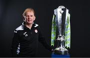 9 February 2022; Sligo Rovers manager Liam Buckley with the SSE Airtricity League Premier Division trophy at the launch of the SSE Airtricity Premier & First Division and Women's National League 2022 season held at HBV Studios in Clarehall, Dublin. Photo by Harry Murphy/Sportsfile
