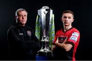 9 February 2022; Bohemians manager Keith Long and Tyreke Wilson of Bohemians with the SSE Airtricity League Premier Division trophy at the launch of the SSE Airtricity Premier & First Division and Women's National League 2022 season held at HBV Studios in Clarehall, Dublin. Photo by Harry Murphy/Sportsfile