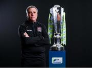 9 February 2022; Bohemians manager Keith Long with the SSE Airtricity League Premier Division trophy at the launch of the SSE Airtricity Premier & First Division and Women's National League 2022 season held at HBV Studios in Clarehall, Dublin. Photo by Harry Murphy/Sportsfile