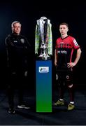 9 February 2022; Bohemians manager Keith Long and Tyreke Wilson of Bohemians with the SSE Airtricity League Premier Division trophy at the launch of the SSE Airtricity Premier & First Division and Women's National League 2022 season held at HBV Studios in Clarehall, Dublin. Photo by Harry Murphy/Sportsfile