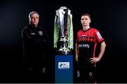 9 February 2022; Bohemians manager Keith Long and Tyreke Wilson of Bohemians with the SSE Airtricity League Premier Division trophy at the launch of the SSE Airtricity Premier & First Division and Women's National League 2022 season held at HBV Studios in Clarehall, Dublin. Photo by Harry Murphy/Sportsfile