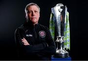 9 February 2022; Bohemians manager Keith Long with the SSE Airtricity League Premier Division trophy at the launch of the SSE Airtricity Premier & First Division and Women's National League 2022 season held at HBV Studios in Clarehall, Dublin. Photo by Harry Murphy/Sportsfile