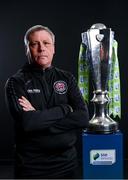 9 February 2022; Bohemians manager Keith Long with the SSE Airtricity League Premier Division trophy at the launch of the SSE Airtricity Premier & First Division and Women's National League 2022 season held at HBV Studios in Clarehall, Dublin. Photo by Harry Murphy/Sportsfile