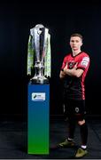 9 February 2022; Tyreke Wilson of Bohemians with the SSE Airtricity League Premier Division trophy at the launch of the SSE Airtricity Premier & First Division and Women's National League 2022 season held at HBV Studios in Clarehall, Dublin. Photo by Harry Murphy/Sportsfile