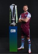 9 February 2022; Dane Massey of Drogheda United with the SSE Airtricity League Premier Division trophy at the launch of the SSE Airtricity Premier & First Division and Women's National League 2022 season held at HBV Studios in Clarehall, Dublin. Photo by Harry Murphy/Sportsfile