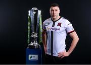 9 February 2022; Brian Gartland of Dundalk with the SSE Airtricity League Premier Division trophy at the launch of the SSE Airtricity Premier & First Division and Women's National League 2022 season held at HBV Studios in Clarehall, Dublin. Photo by Harry Murphy/Sportsfile