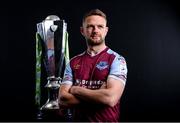9 February 2022; Dane Massey of Drogheda United with the SSE Airtricity League Premier Division trophy at the launch of the SSE Airtricity Premier & First Division and Women's National League 2022 season held at HBV Studios in Clarehall, Dublin. Photo by Harry Murphy/Sportsfile
