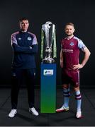 9 February 2022; Drogheda United manager Kevin Doherty and Dane Massey of Drogheda United with the SSE Airtricity League Premier Division trophy at the launch of the SSE Airtricity Premier & First Division and Women's National League 2022 season held at HBV Studios in Clarehall, Dublin. Photo by Harry Murphy/Sportsfile
