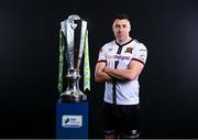 9 February 2022; Brian Gartland of Dundalk with the SSE Airtricity League Premier Division trophy at the launch of the SSE Airtricity Premier & First Division and Women's National League 2022 season held at HBV Studios in Clarehall, Dublin. Photo by Harry Murphy/Sportsfile