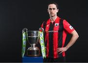 9 February 2022; Sam Verdon of Longford Town with the SSE Airtricity League First Division trophy at the launch of the SSE Airtricity Premier & First Division and Women's National League 2022 season held at at HBV Studios in Clarehall, Dublin. Photo by Harry Murphy/Sportsfile