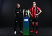 9 February 2022; Longford Town manager Gary Cronin and Sam Verdon of Longford Town with the SSE Airtricity League First Division trophy at the launch of the SSE Airtricity Premier & First Division and Women's National League 2022 season held at HBV Studios in Clarehall, Dublin. Photo by Harry Murphy/Sportsfile