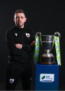 9 February 2022; Longford Town manager Gary Cronin with the SSE Airtricity League First Division trophy at the launch of the SSE Airtricity Premier & First Division and Women's National League 2022 season held at at HBV Studios in Clarehall, Dublin. Photo by Harry Murphy/Sportsfile